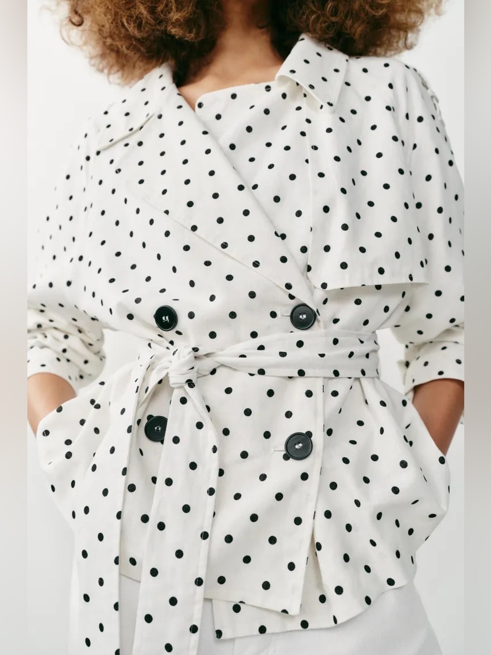 Zara White Trench Jacket Coat  with Black Polka Dots. POP